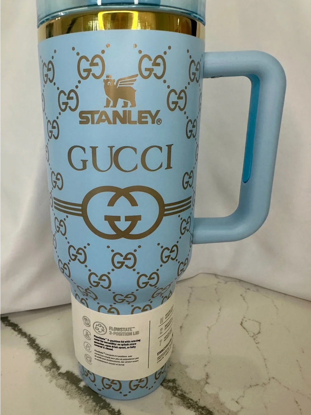 Stanley Style Light Blue 40oz Travel Tumbler Gold Monogram Pattern - Picture 3 of 5